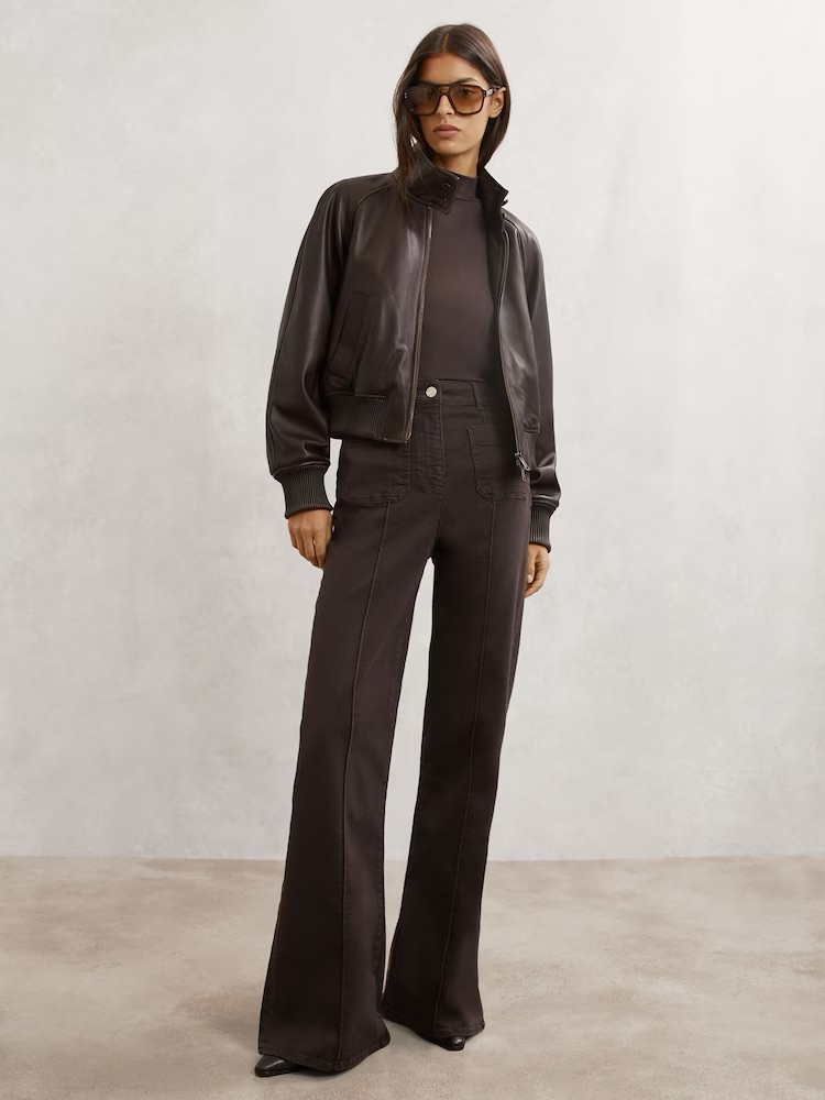 Reiss Bomber Leather Funnel-Neck Bomber Jacket In Chocolate Brown